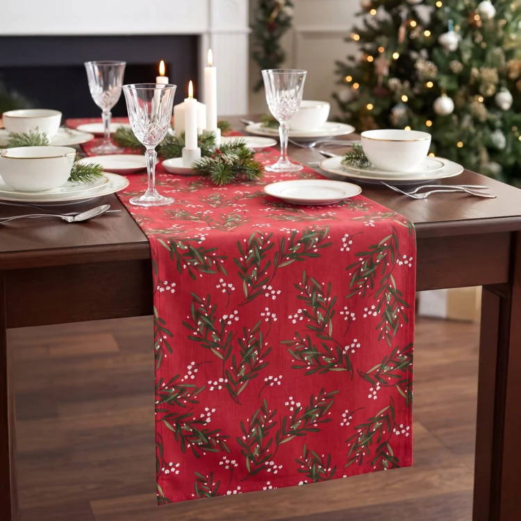 Chemin de table de Noël à motif houx