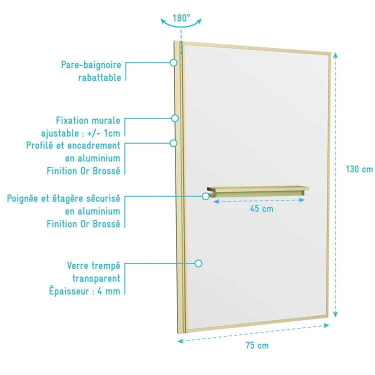Pare-baignoire rabattable en verre trempé étagère et porte-serviette