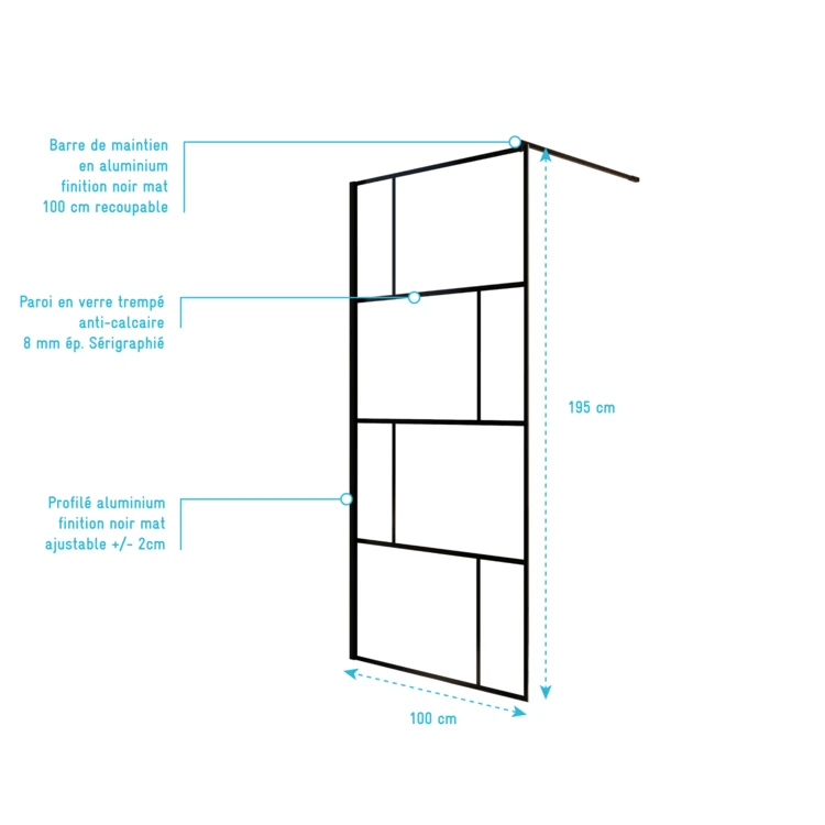 Paroi de douche à l’italienne en verre trempé 8 mm géométriques