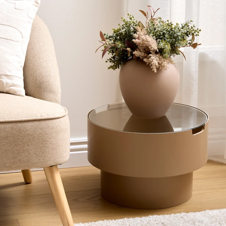 Table basse ronde coffre de rangement et plateau en verre