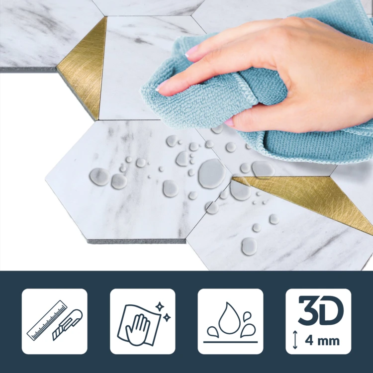 Crédence adhésive murale 3D effet carrelage hexagonal 4 pièces