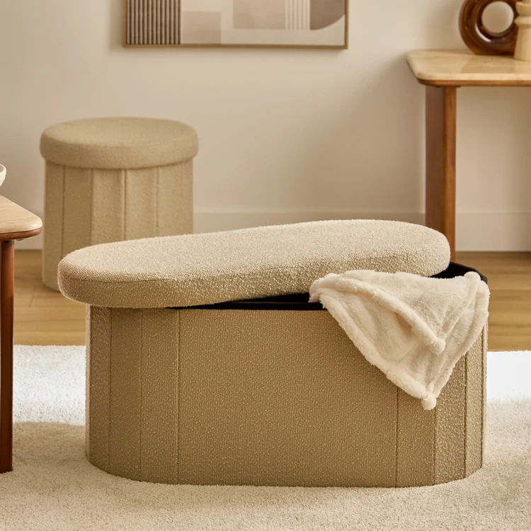Pouf coffre pliant double en bouclette avec rangement