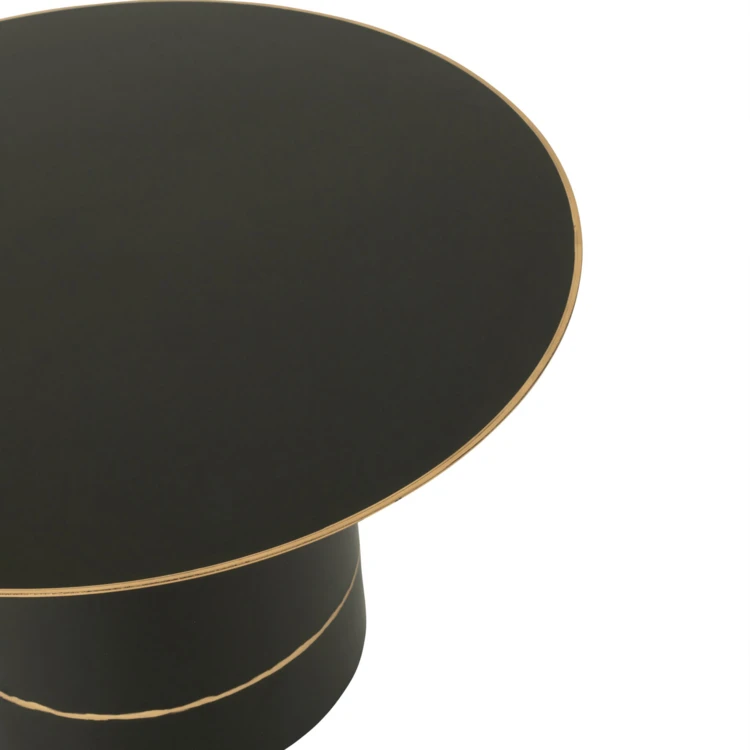 Table basse ronde en fer, base cylindrique à bordure dorée