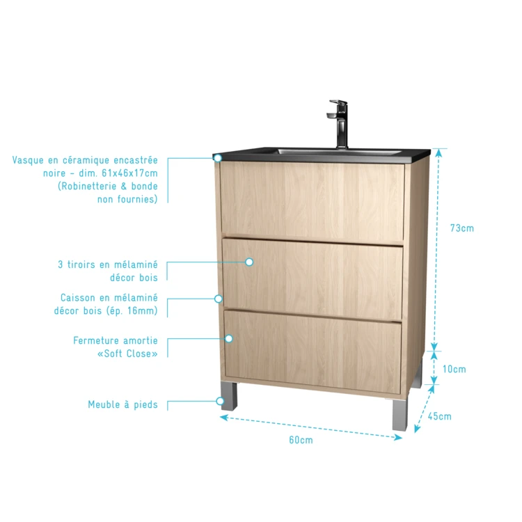 Meuble de salle de bains sur pieds avec 3 tiroirs et vasque en céramique