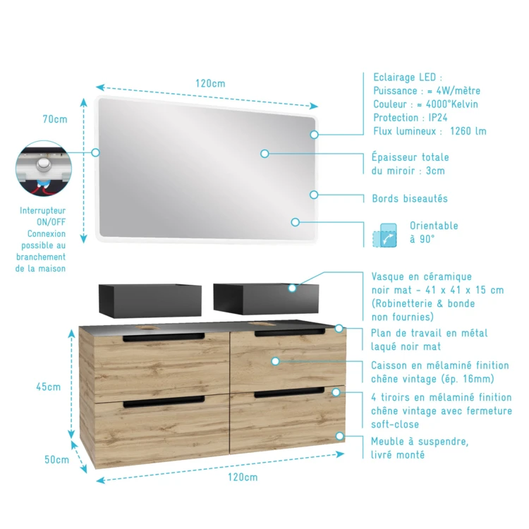 Ensemble de salle de bains avec 2 vasques et 1 miroir rectangulaires à led