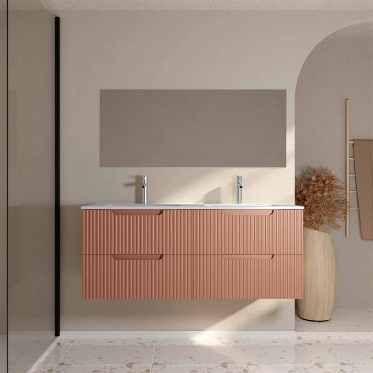 Meuble de salle de bain double vasque encastrée avec façade ondulée et rangements spacieux