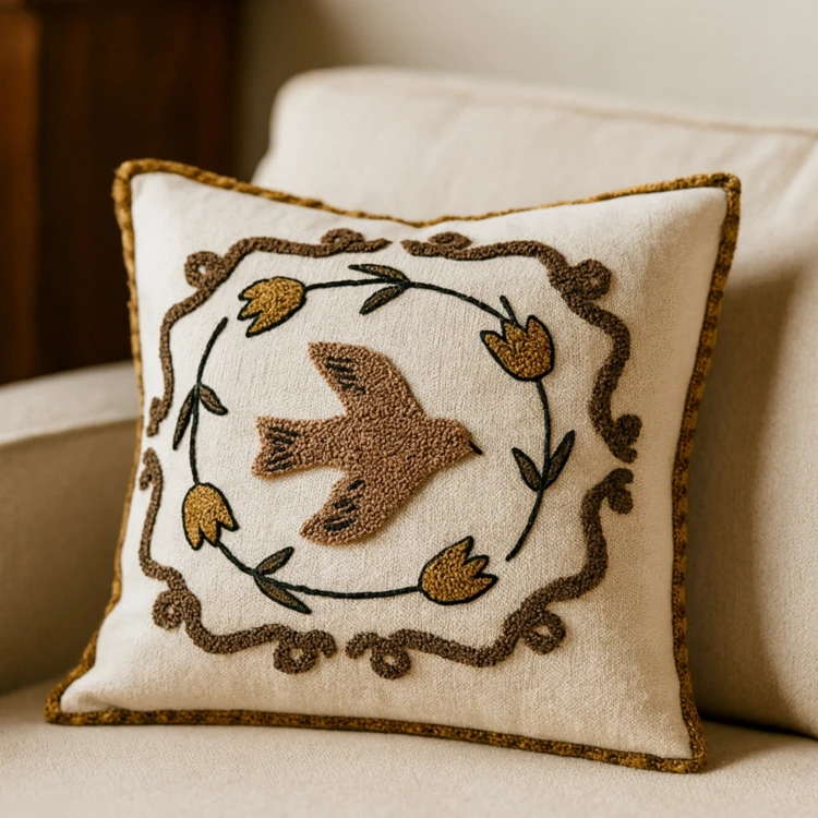 Coussin brodé colombe style bohème