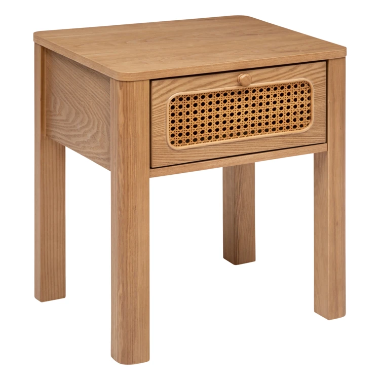 Nachttisch aus Holz mit einer Schublade mit Rattanverkleidung