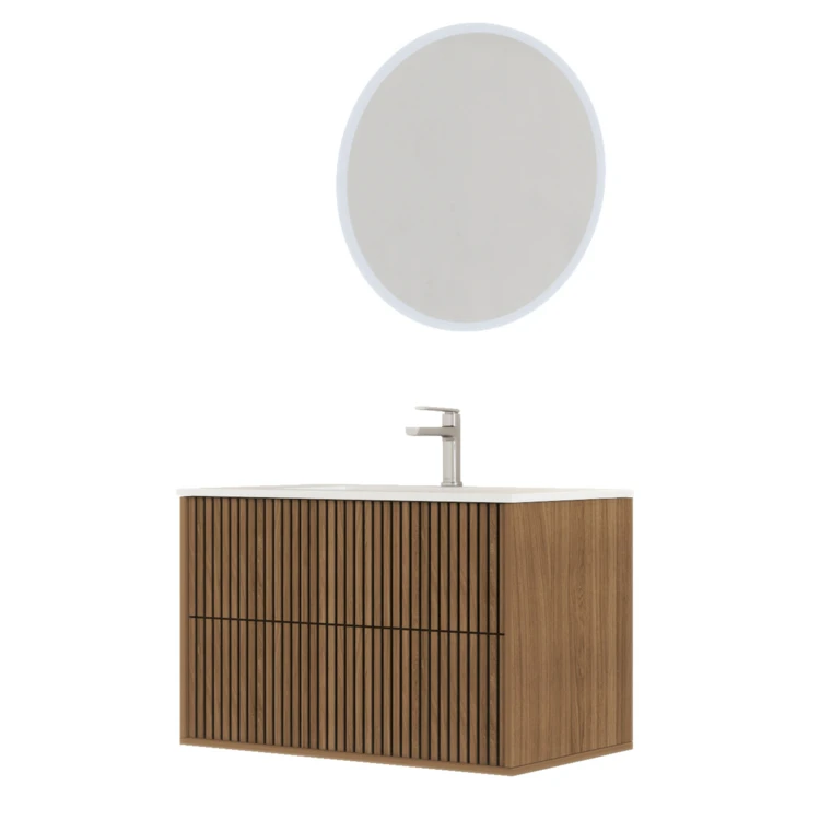 Meuble de salle de bain suspendu avec façade crantée, vasque(s) et miroir(s) LED