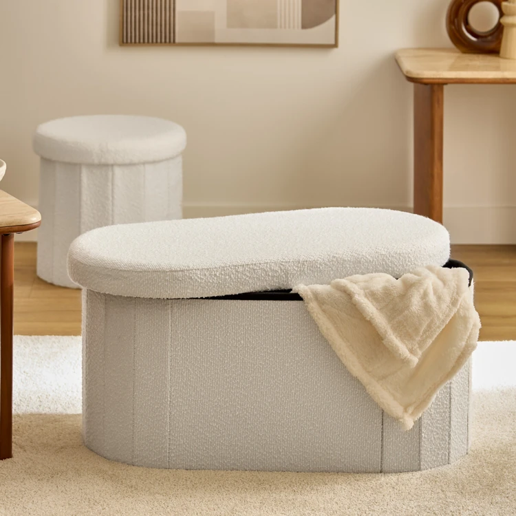 Pouf coffre pliant double en bouclette avec rangement