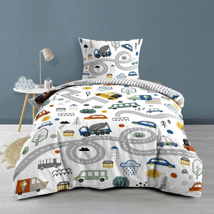 Parure de lit enfant réversible en coton motif véhicules et routes