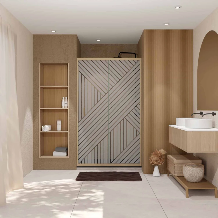 Porte de douche coulissante verre sérigraphié motif géométrique finition bois