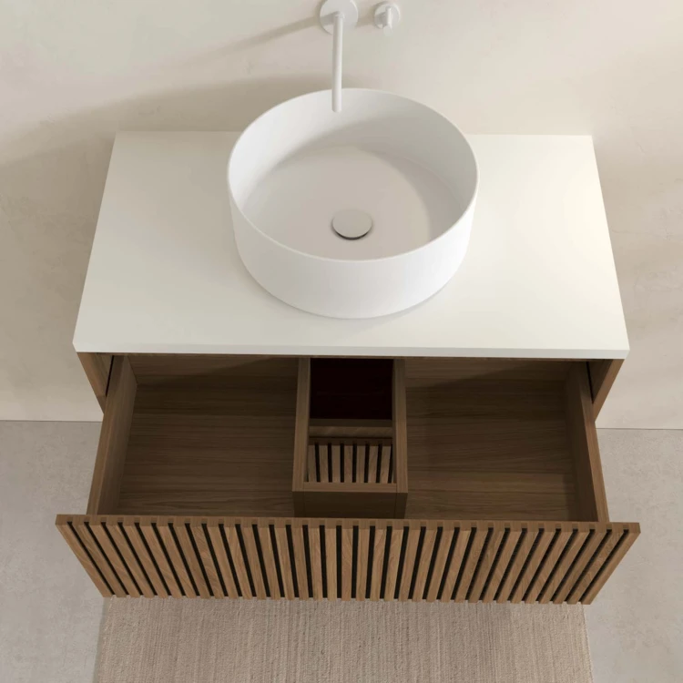 Meuble de salle de bain suspendu avec façade crantée, vasque(s) ronde(s) et miroir(s) LED