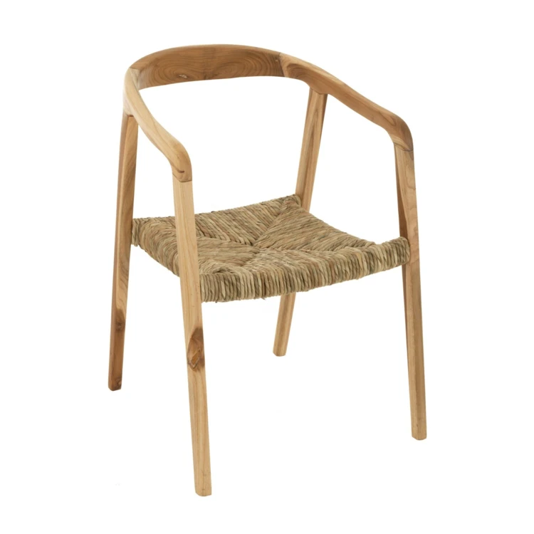 Silla de madera de teca y asiento de mimbre trenzado