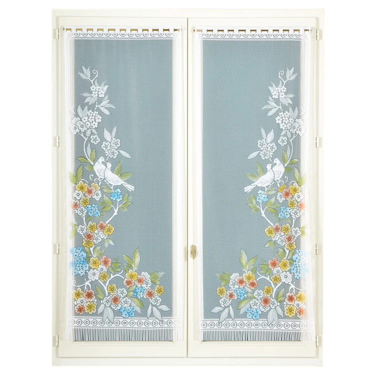 Paire de vitrages frangés en dentelle oiseaux et fleurs