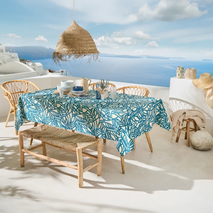 Nappe ronde en coton enduit feuillage abstrait