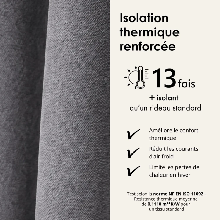 Rideau thermique phonique et semi occultant à galons fronceurs KONFOR