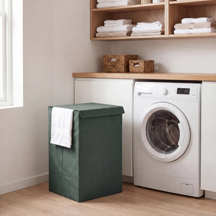 Panier à linge pliable en panneau de fibres de bois et polyester