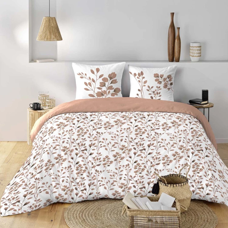 3-teilige Bettwäschegarnitur aus Baumwolle mit Blättermotiv Bezug + Kissenbezüge
