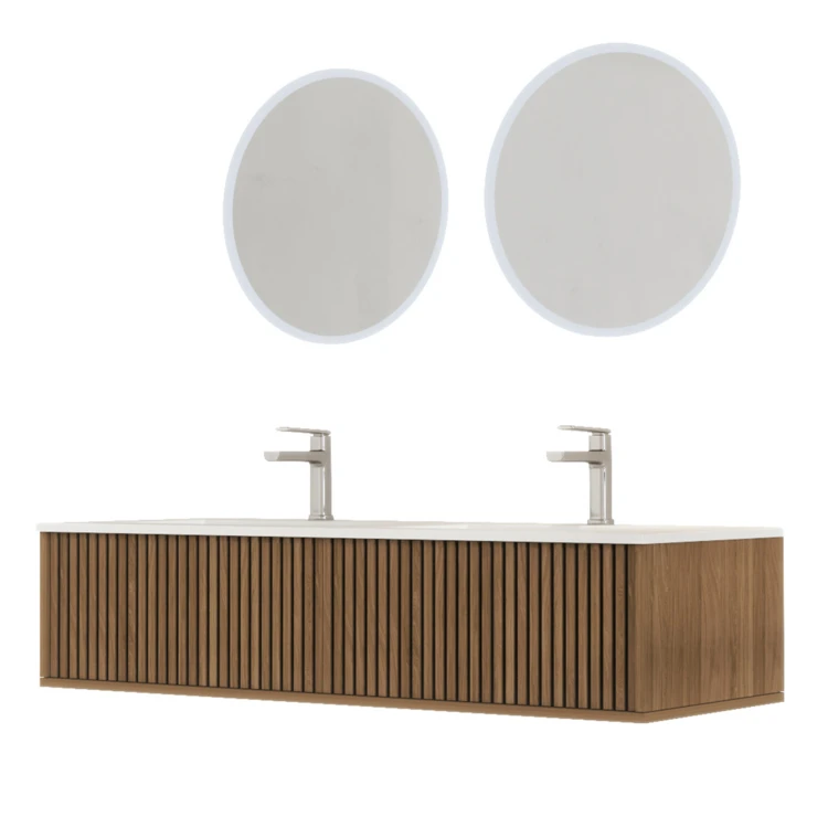 Meuble de salle de bain suspendu avec façade crantée, vasque(s) et miroir(s) LED