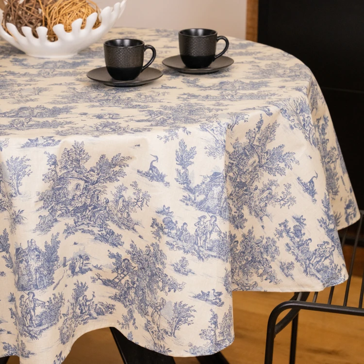Nappe ronde toile de Jouy plastifiée