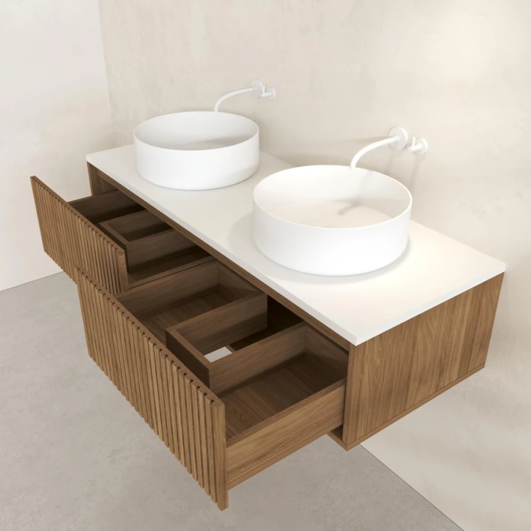 Meuble de salle de bain suspendu avec façade crantée, vasque(s) ronde(s) et miroir(s) LED