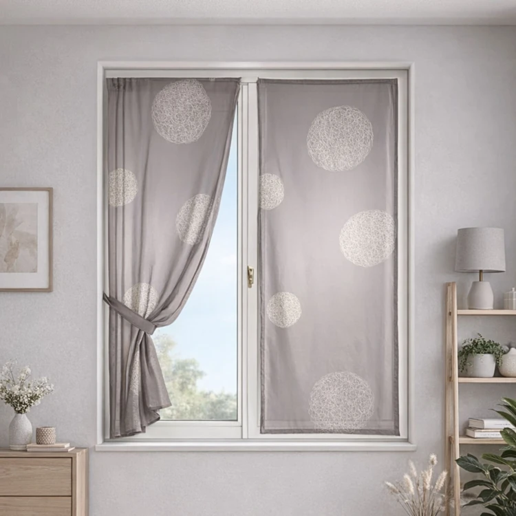 Petit Voilage Taupe Brodé 'Ronds Mêlés'