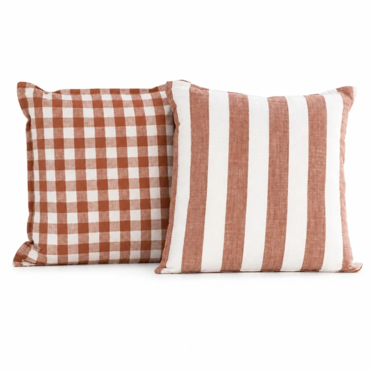 Housse de coussin recto-verso 100% coton rayures et vichy LOURMARIN