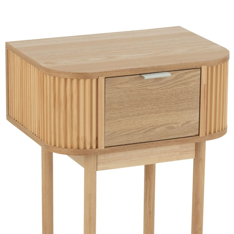 Runder Nachttisch aus naturbelassenem Holz mit Schublade