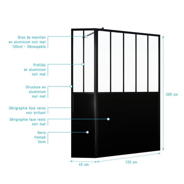Paroi de douche verrière avec volet pivotant en verre trempé 5 mm