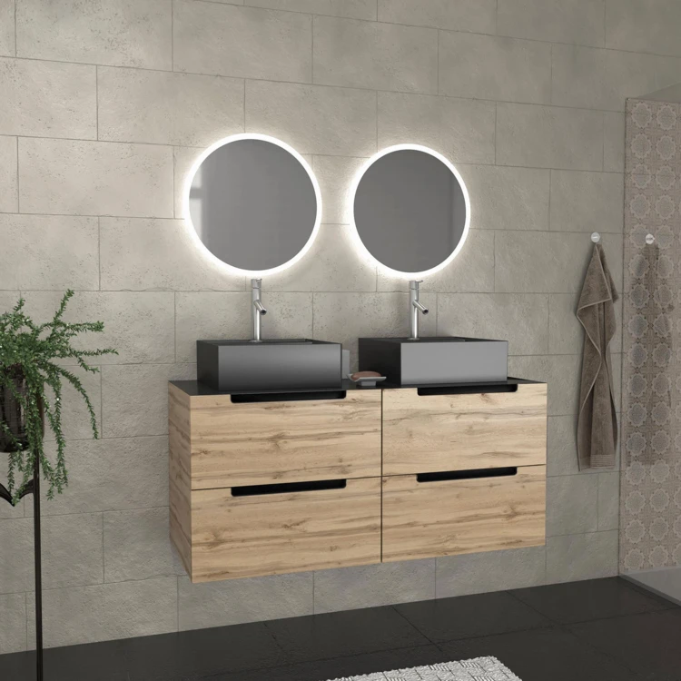 Ensemble de salle de bains avec 2 vasques rectangulaires et 2 miroirs ronds à led