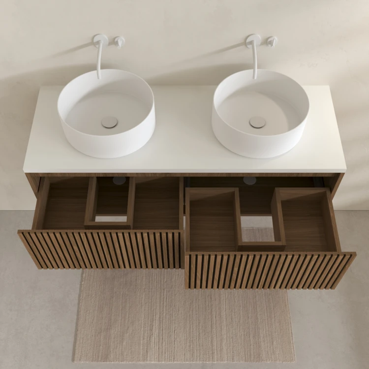 Meuble de salle de bain suspendu avec façade crantée, plan de toilette et vasque(s) à poser