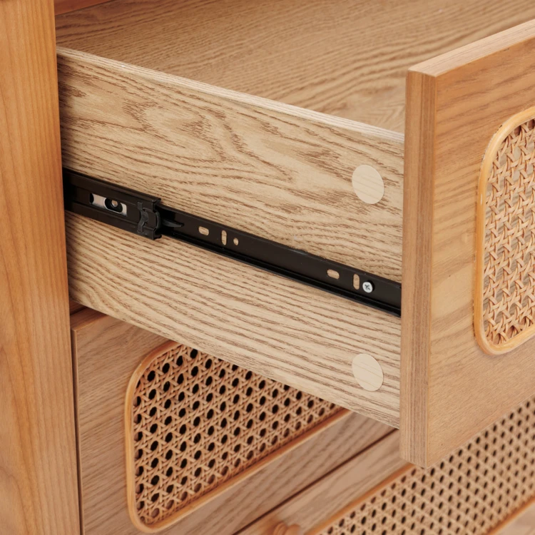 Houten commode met 3 laden en opengewerkt vlechtwerk
