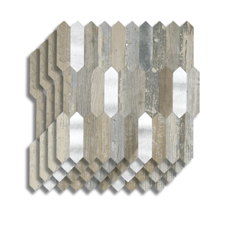 Crédence adhésive murale 3D effet bois et métal 4 pièces