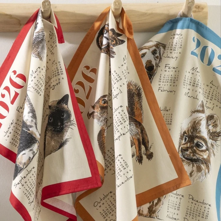 Torchon calendrier 2026 motif chats coton