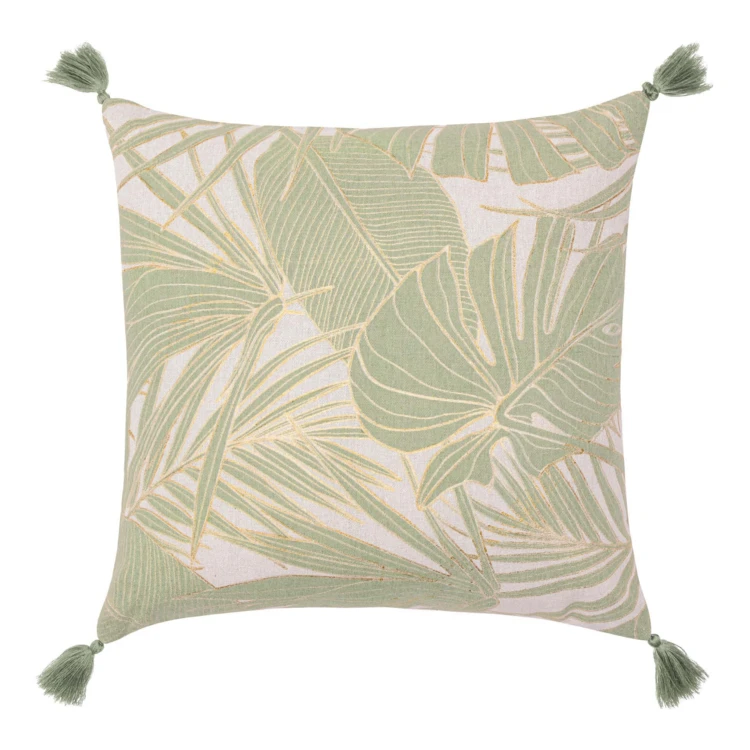 Coussin polycoton feuillages tropicaux métallisé à pompons
