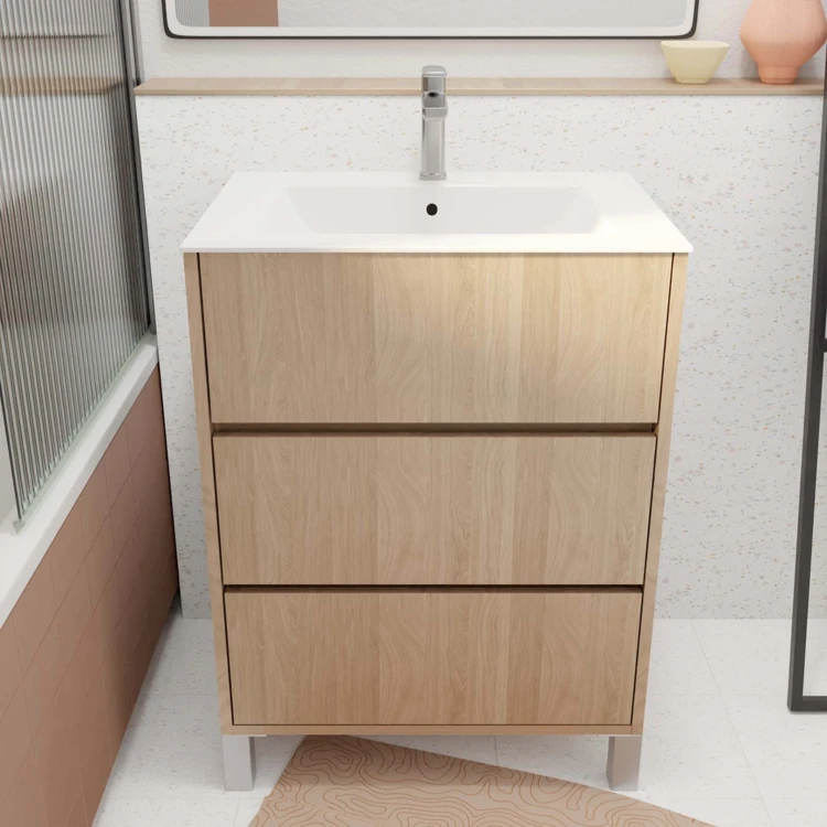 Meuble de salle de bains sur pieds avec 3 tiroirs et vasque en céramique