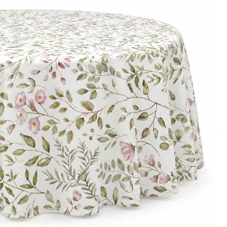 Nappe ronde en coton enduit anti-tache motif végétal