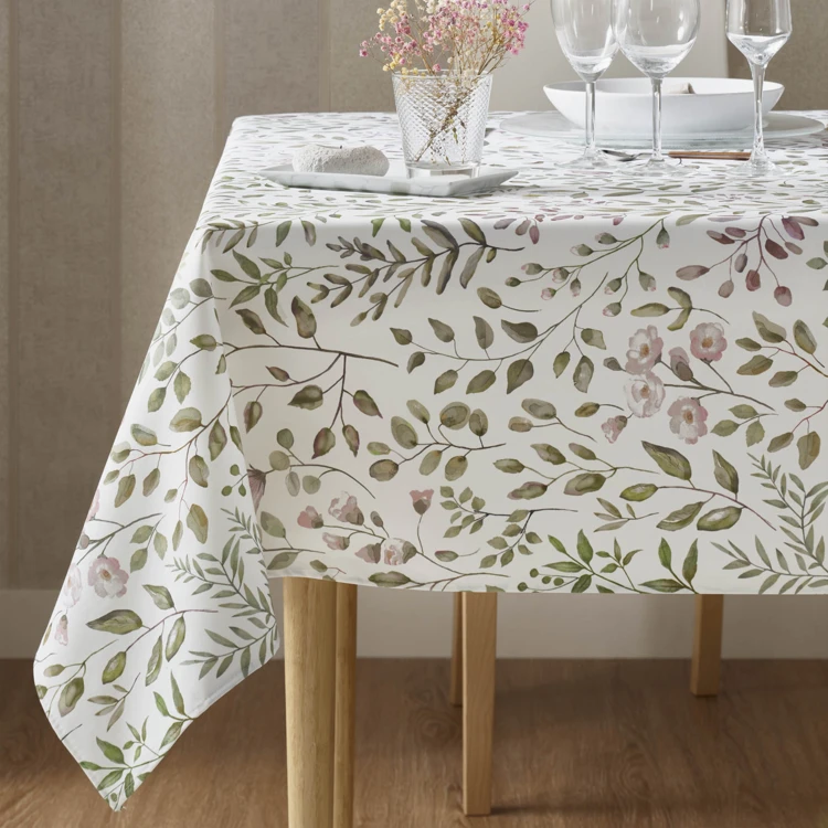 Nappe rectangulaire en coton enduit anti-tache motif végétal