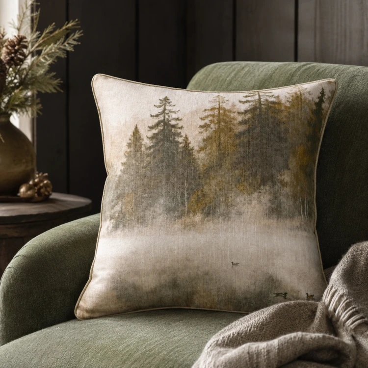 Coussin réversible imprimé aquarelle forêt