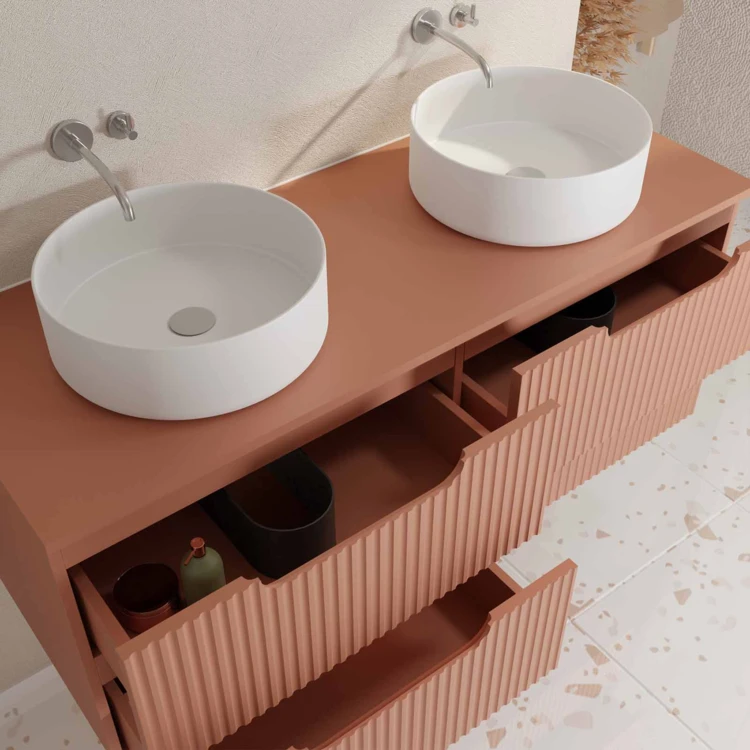 Meuble de salle de bain double vasque ronde avec façade ondulée et rangements intégrés