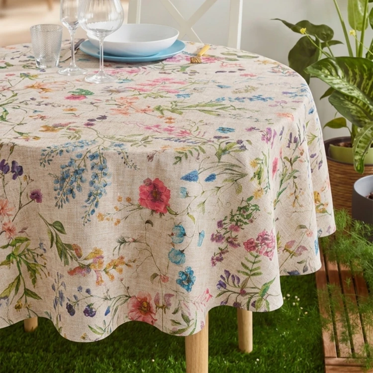 Nappe ronde en coton enduit anti-tache fleurs