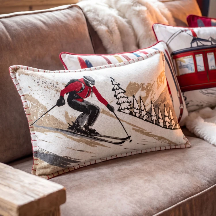 Coussin rectangulaire en coton à motif ski
