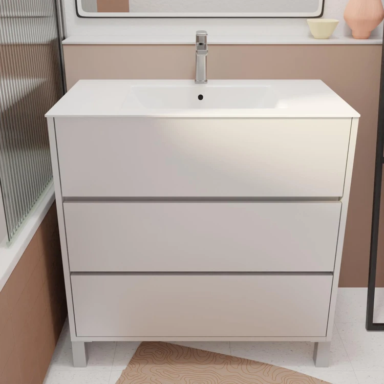 Meuble de salle de bains sur pieds avec 3 tiroirs et vasque en céramique