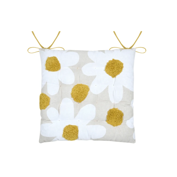 Galette de chaise en polycoton capitonnée à motif marguerites