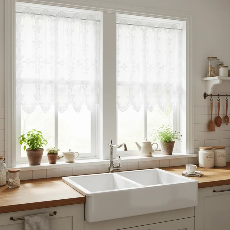 Brise-bise ajouré avec macramé fleuri