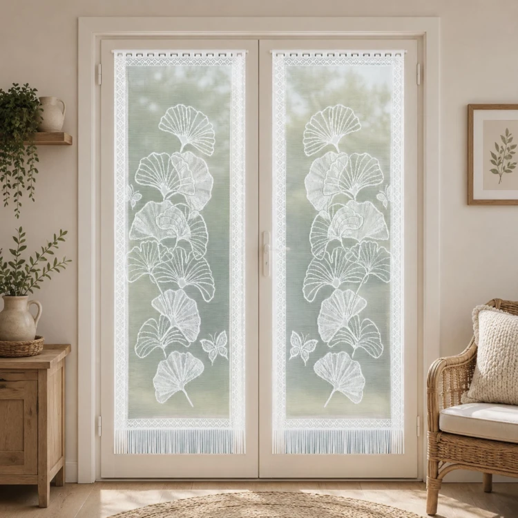 Paire de vitrages frangés dentelle motif ginkgo
