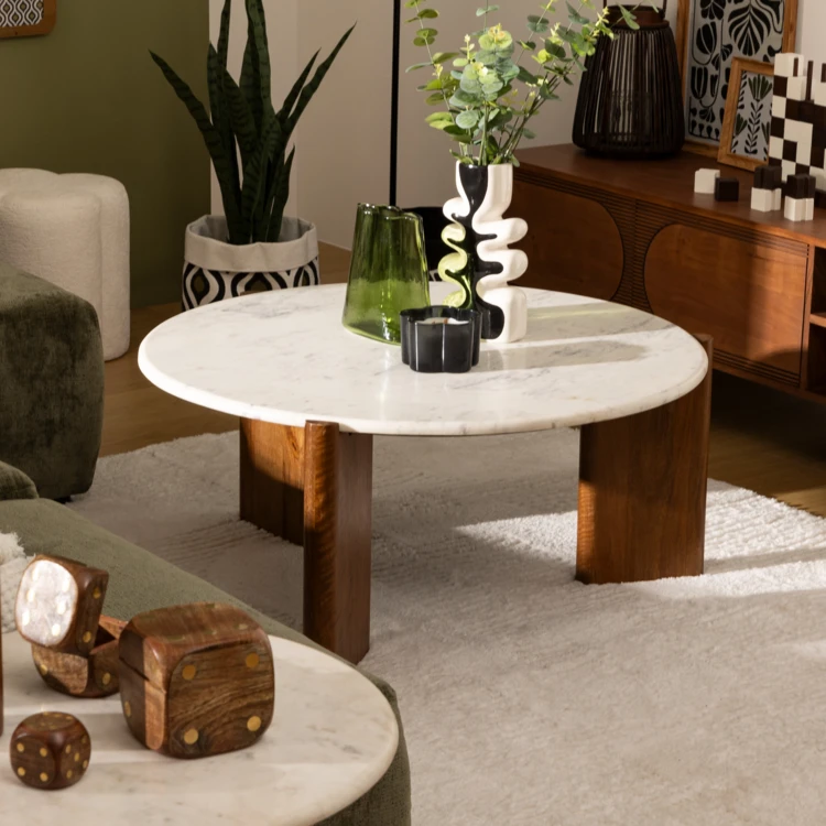 Mesa de centro redonda de mármol con patas de madera maciza de mango