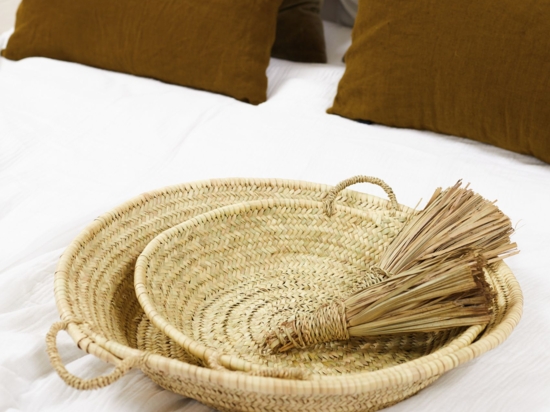 Panier Marocain (couffin) Fait Main En Palmier - Cuir, Naturel, Pour Marché Ou Plage